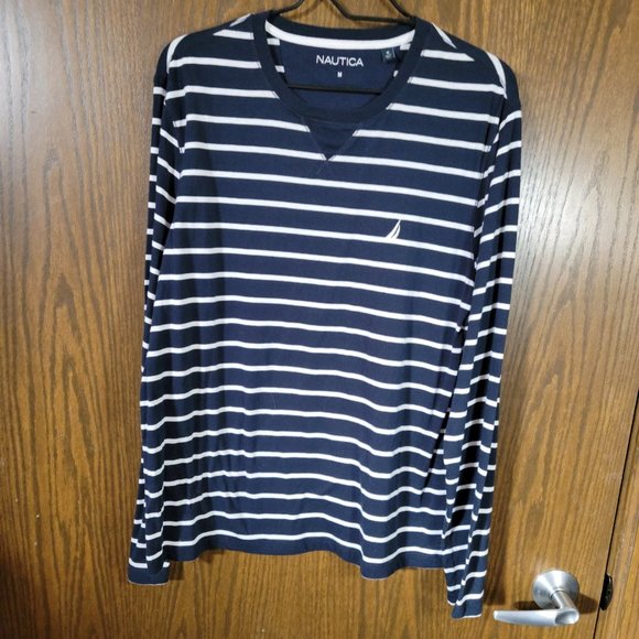 Nautica Blue and White Stripes Long Sleeve Nautical Boating Shirt Size Medium - Picture 1 of 5